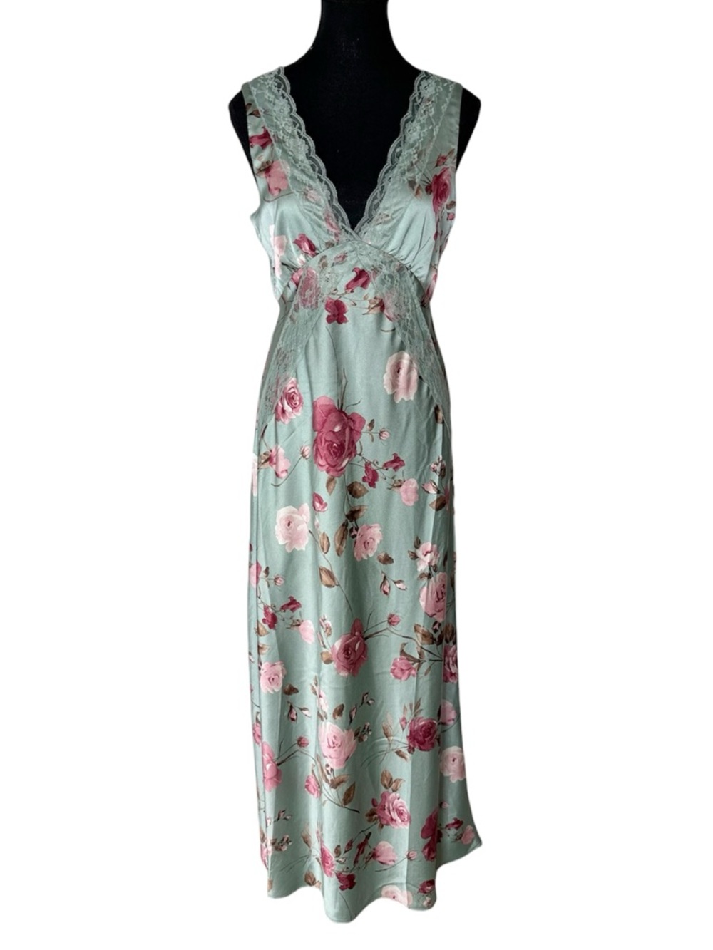 THIRTY THIRTY LA New Floral Satin Maxi Dress Sage Green Rose Lace Medium *Flaw
